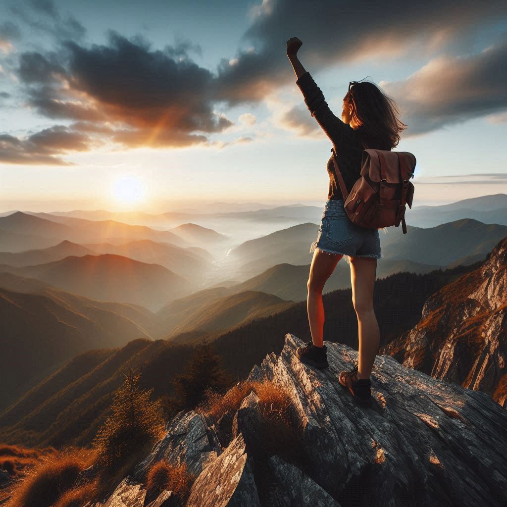 Frau steht auf einem Berg und schaut in Richtung Sonnenuntergang